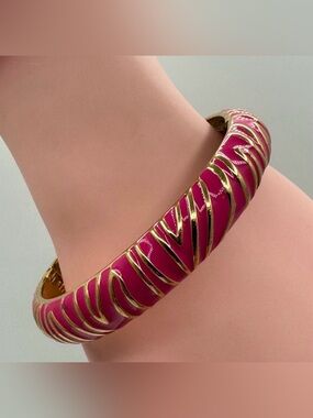 Gold-Tone Pink Enamel Hinged Bangle Bracelet Statement Cuff